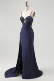 Navy Corset Spaghetti Straps Mermaid Maxi Evening Dress with Beading
