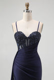 Navy Corset Spaghetti Straps Mermaid Maxi Evening Dress with Beading