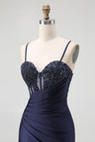 Navy Corset Spaghetti Straps Mermaid Maxi Evening Dress with Beading