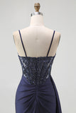 Navy Corset Spaghetti Straps Mermaid Maxi Evening Dress with Beading