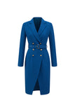 Ink Blue Double Breasted Notched Lapel Midi Blazer Dress with Belt