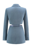 Grey Blue 2 Piece Notched Lapel Cut Out Women Prom Suits