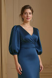 Navy Mermaid Satin V-Neck Long Wedding Guest Dress with Sleeves