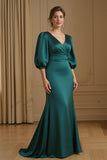 Navy Mermaid Satin V-Neck Long Wedding Guest Dress with Sleeves