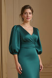 Navy Mermaid Satin V-Neck Long Wedding Guest Dress with Sleeves