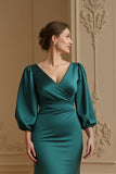Navy Mermaid Satin V-Neck Long Wedding Guest Dress with Sleeves