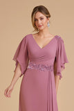 Dusty Rose Sheath Chiffon Long Wedding Guest Dress with Ruffles