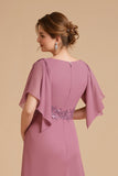 Dusty Rose Sheath Chiffon Long Wedding Guest Dress with Ruffles