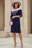 Navy Pink Satin Sheath Off the Shoulder Midi Wedding Guest Dress with Sleeves