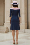 Navy Pink Satin Sheath Off the Shoulder Midi Wedding Guest Dress with Sleeves