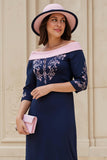 Navy Pink Satin Sheath Off the Shoulder Midi Wedding Guest Dress with Sleeves
