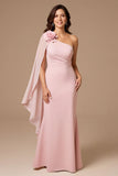 Candy Pink Chiffon Sheath Ruched Long Floral Wedding Guest Dress with Cape