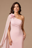 Candy Pink Chiffon Sheath Ruched Long Floral Wedding Guest Dress with Cape