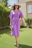 Purple Sheath Ruched Midi Wedding Guest Dress with Sleeves