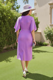 Purple Sheath Ruched Midi Wedding Guest Dress with Sleeves
