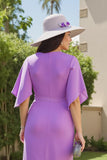 Purple Sheath Ruched Midi Wedding Guest Dress with Sleeves