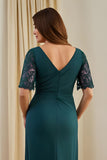 Pine Sheath V-Neck Ruched Midi Wedding Guest Dress with Lace