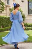 Dusty Blue Chiffon A Line V-Neck Maxi Wedding Guest Dress with Beading