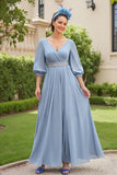 Dusty Blue Chiffon A Line V-Neck Maxi Wedding Guest Dress with Beading