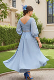 Dusty Blue Chiffon A Line V-Neck Maxi Wedding Guest Dress with Beading