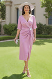 Candy Pink White Sheath V-Neck Midi Wedding Guest Dress with Sleeves