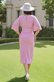 Candy Pink White Sheath V-Neck Midi Wedding Guest Dress with Sleeves