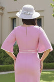 Candy Pink White Sheath V-Neck Midi Wedding Guest Dress with Sleeves