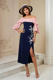 Navy Sheath Satin Off the Shoulder Midi Wedding Guest Dress with Slit
