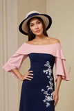 Navy Sheath Satin Off the Shoulder Midi Wedding Guest Dress with Slit