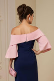 Navy Sheath Satin Off the Shoulder Midi Wedding Guest Dress with Slit