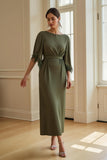 Olive Sheath Boat Neck Maxi Wedding Guest Dress with Fringes