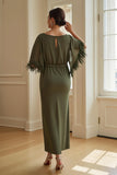 Olive Sheath Boat Neck Maxi Wedding Guest Dress with Fringes