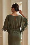 Olive Sheath Boat Neck Maxi Wedding Guest Dress with Fringes