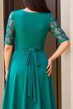 Pine Chiffon Boat Neck Long Wedding Guest Dress with Sleeves