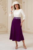 Navy White A Line Boat Neck Midi Wedding Guest Dress with Appliques