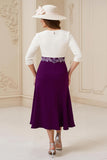 Navy White A Line Boat Neck Midi Wedding Guest Dress with Appliques