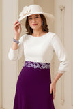 Navy White A Line Boat Neck Midi Wedding Guest Dress with Appliques