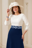 Navy White A Line Boat Neck Midi Wedding Guest Dress with Appliques