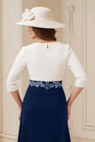 Navy White A Line Boat Neck Midi Wedding Guest Dress with Appliques