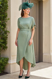 Eucalyptus Sheath Boat Neck High Low Wedding Guest Dress with Sleeves
