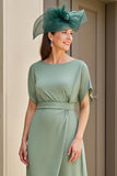 Eucalyptus Sheath Boat Neck High Low Wedding Guest Dress with Sleeves