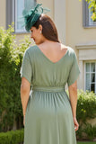 Eucalyptus Sheath Boat Neck High Low Wedding Guest Dress with Sleeves