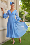 Light Blue Chiffon Ruched A Line V-Neck Long Wedding Guest Dress with Beading