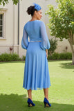 Light Blue Chiffon Ruched A Line V-Neck Long Wedding Guest Dress with Beading