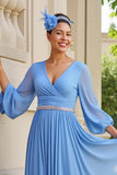 Light Blue Chiffon Ruched A Line V-Neck Long Wedding Guest Dress with Beading