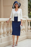 Navy 2 Piece Sheath Satin Midi Wedding Guest Dress with Lace