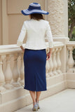 Navy 2 Piece Sheath Satin Midi Wedding Guest Dress with Lace