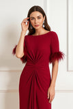 Dark Red Sheath Satin Boat Neck Midi Wedding Guest Dress with Feathers
