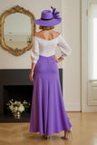 Purple White Chiffon Sheath Off the Shoulder High Low Wedding Guest Dress with Sleeves