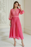 Hot Pink Chiffon Pleated A Line Maxi Wedding Guest Dress with Sleeves